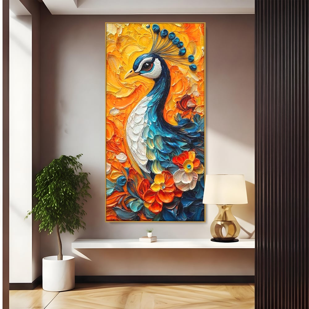 Leinwandbilder Premium, LuxCanva® M1010, Pfau Gemalt Sonne, Vogel, Vogel, Vogelfeder, Blumen, Blütenblätter, Porträt, Pfau, Elegant, Textur, Farbig, Büro, Wohnen, Kinderzimmer