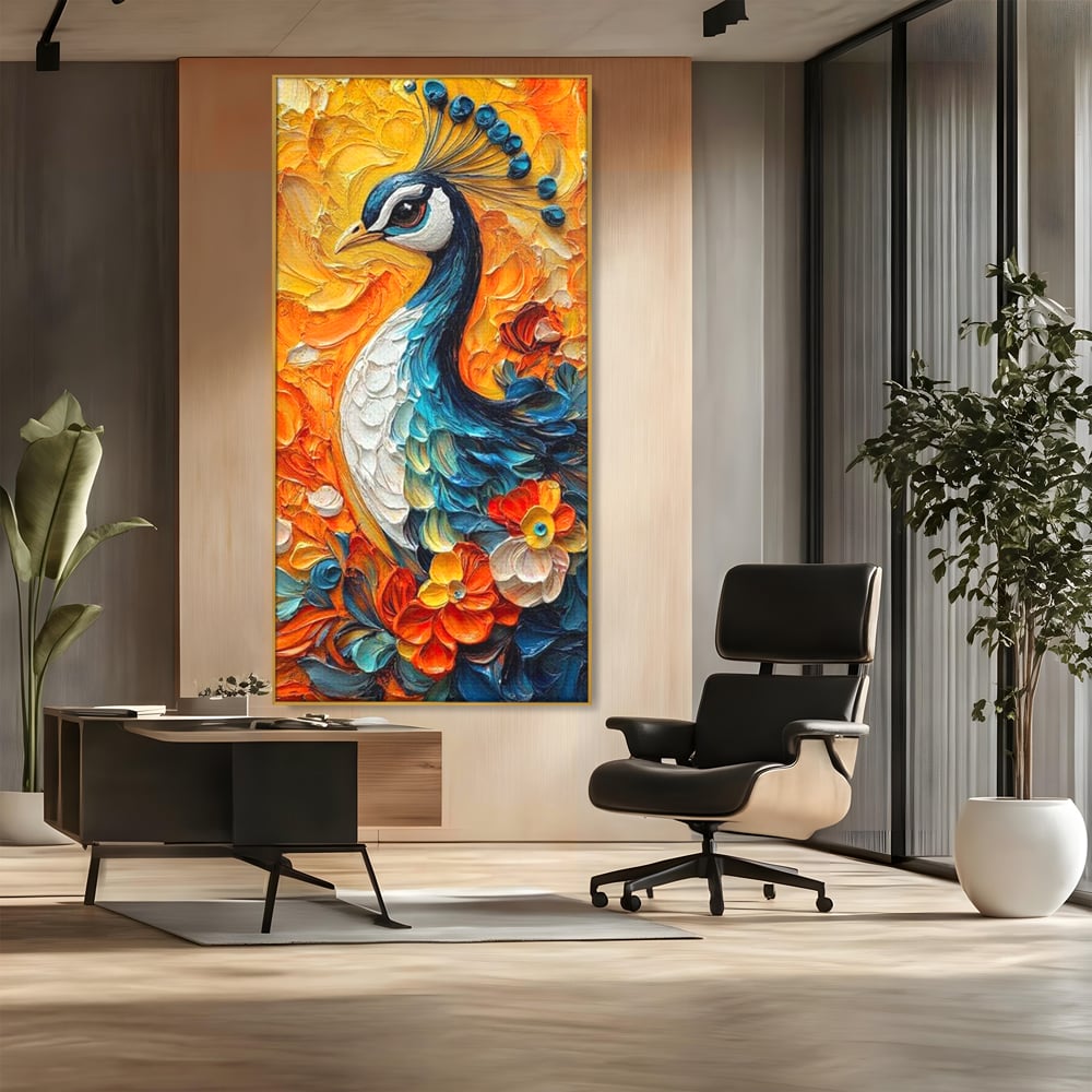Leinwandbilder Premium, LuxCanva® M1010, Pfau Gemalt Sonne, Vogel, Vogel, Vogelfeder, Blumen, Blütenblätter, Porträt, Pfau, Elegant, Textur, Farbig, Büro, Wohnen, Kinderzimmer