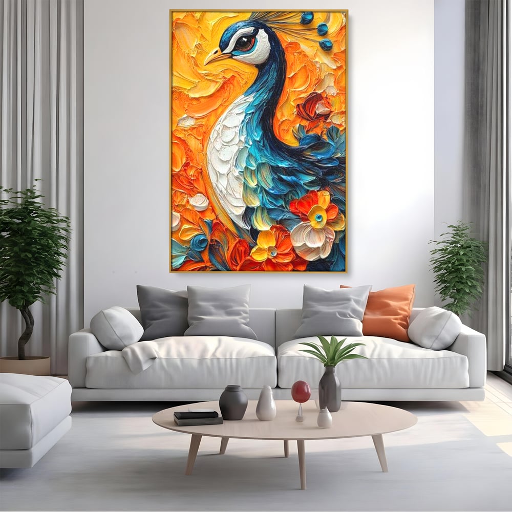 Leinwandbilder Premium, LuxCanva® M1010, Pfau Gemalt Sonne, Vogel, Vogel, Vogelfeder, Blumen, Blütenblätter, Porträt, Pfau, Elegant, Textur, Farbig, Büro, Wohnen, Kinderzimmer