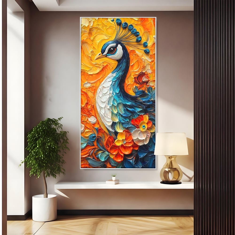 Leinwandbilder Premium, LuxCanva® M1010, Pfau Gemalt Sonne, Vogel, Vogel, Vogelfeder, Blumen, Blütenblätter, Porträt, Pfau, Elegant, Textur, Farbig, Büro, Wohnen, Kinderzimmer
