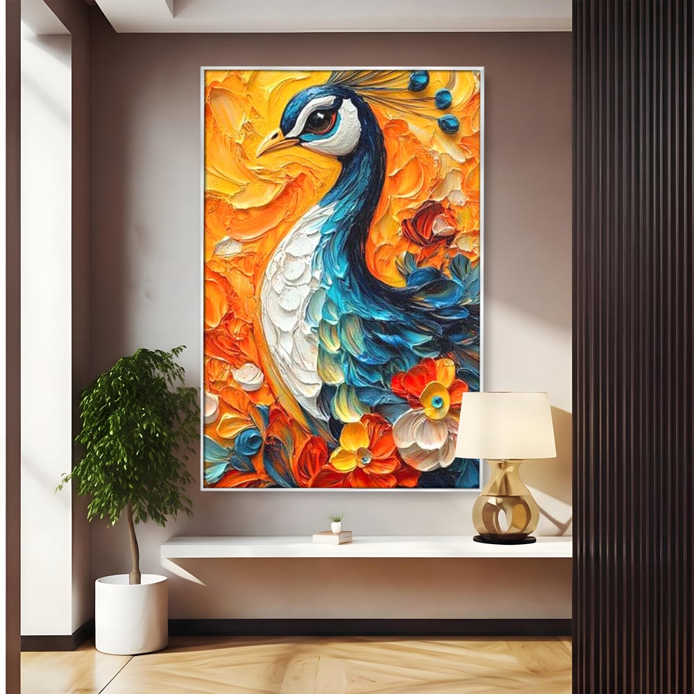 Leinwandbilder Premium, LuxCanva® M1010, Pfau Gemalt Sonne, Vogel, Vogel, Vogelfeder, Blumen, Blütenblätter, Porträt, Pfau, Elegant, Textur, Farbig, Büro, Wohnen, Kinderzimmer