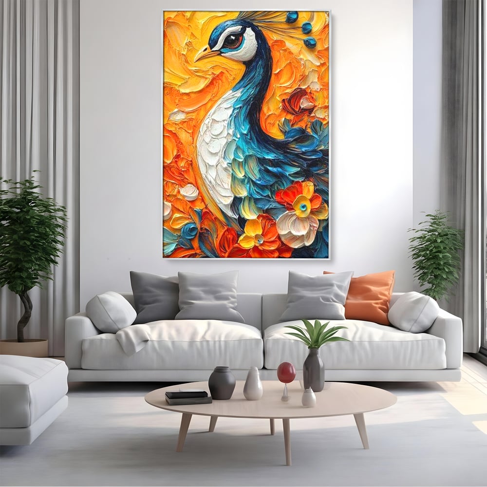 Leinwandbilder Premium, LuxCanva® M1010, Pfau Gemalt Sonne, Vogel, Vogel, Vogelfeder, Blumen, Blütenblätter, Porträt, Pfau, Elegant, Textur, Farbig, Büro, Wohnen, Kinderzimmer