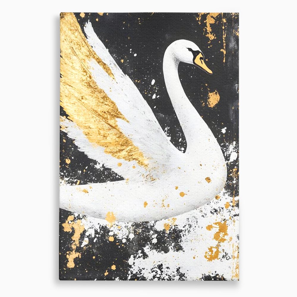 Leinwandbilder Premium, LuxCanva® M1011, Goldfarbener Schwan, Elegant, Portrait, Vogel, Vogel, Schwan, Gold, Kontrast, Flügel, Federn, Büro, Wohnen, Kinderzimmer