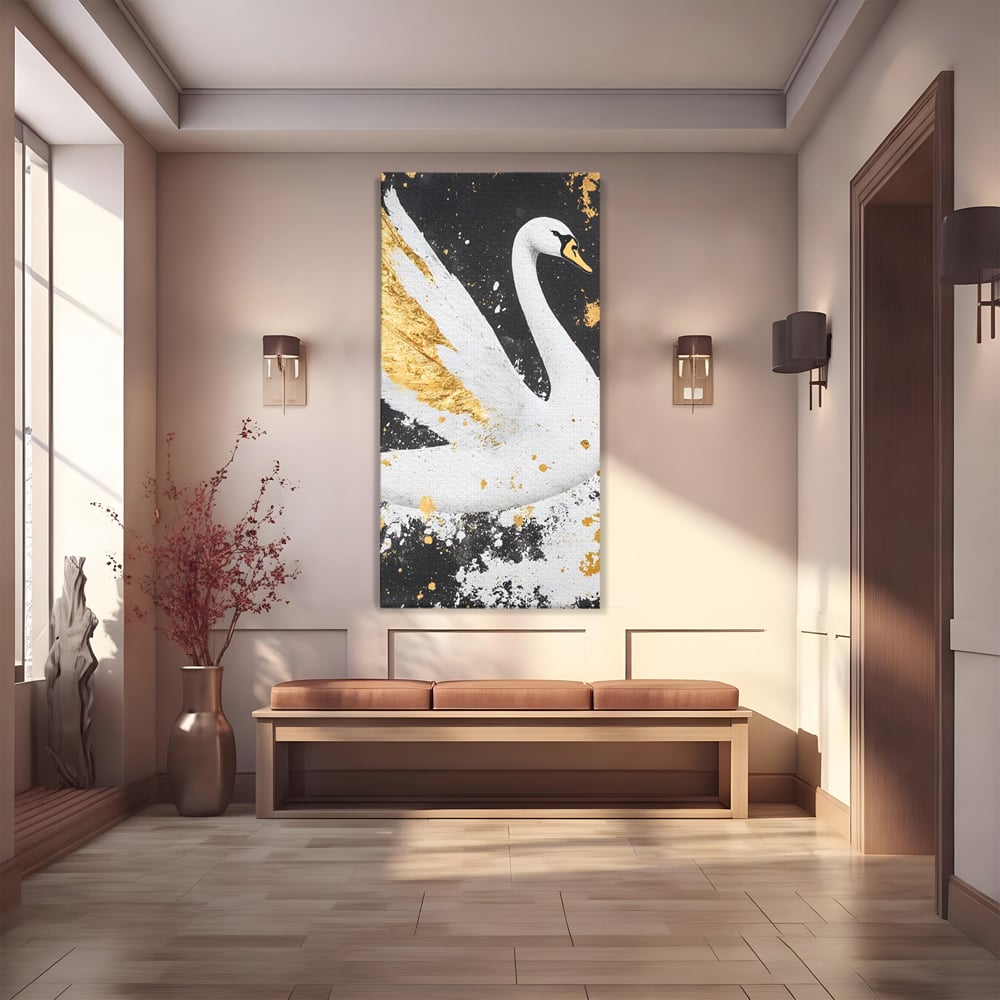 Leinwandbilder Premium, LuxCanva® M1011, Goldfarbener Schwan, Elegant, Portrait, Vogel, Vogel, Schwan, Gold, Kontrast, Flügel, Federn, Büro, Wohnen, Kinderzimmer
