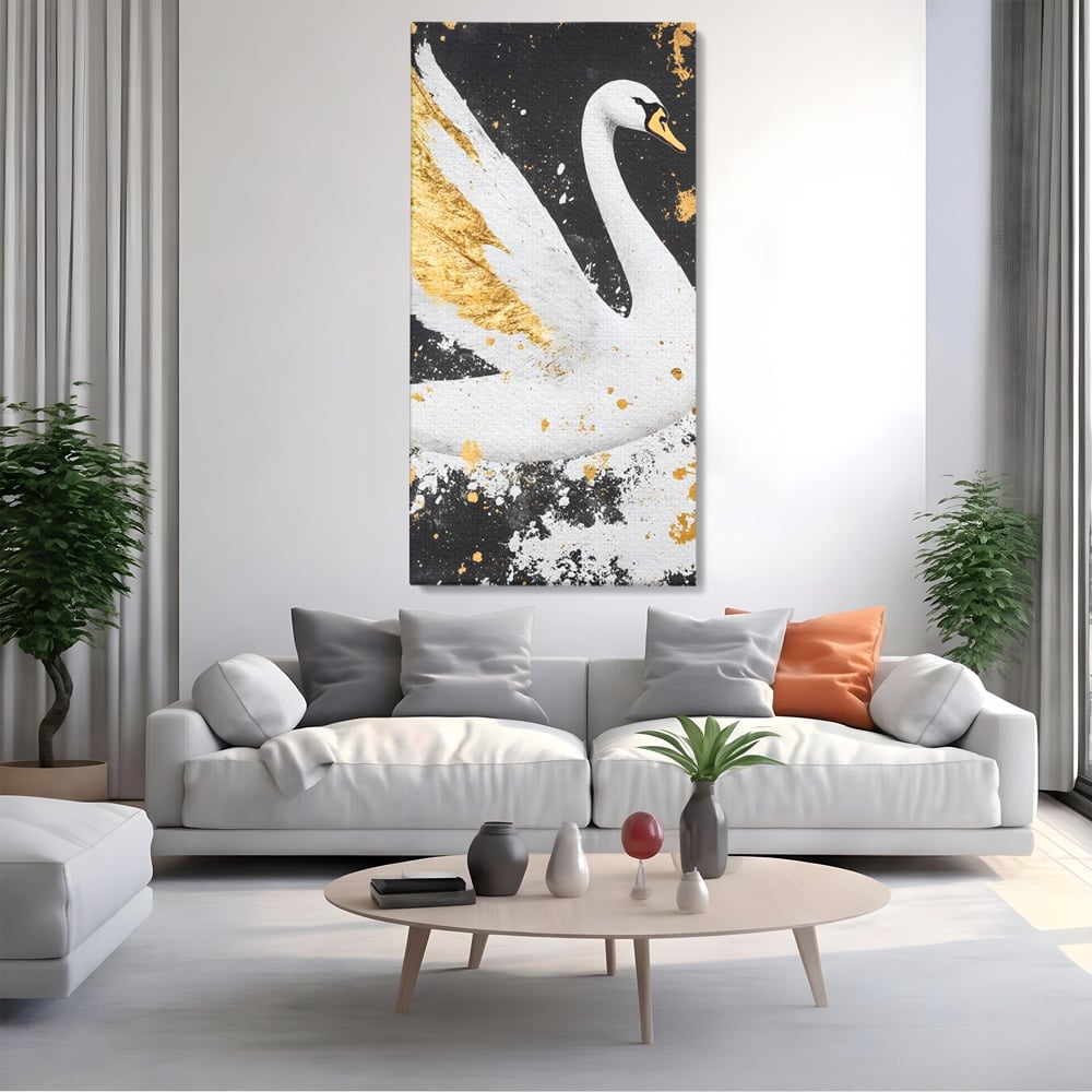 Leinwandbilder Premium, LuxCanva® M1011, Goldfarbener Schwan, Elegant, Portrait, Vogel, Vogel, Schwan, Gold, Kontrast, Flügel, Federn, Büro, Wohnen, Kinderzimmer