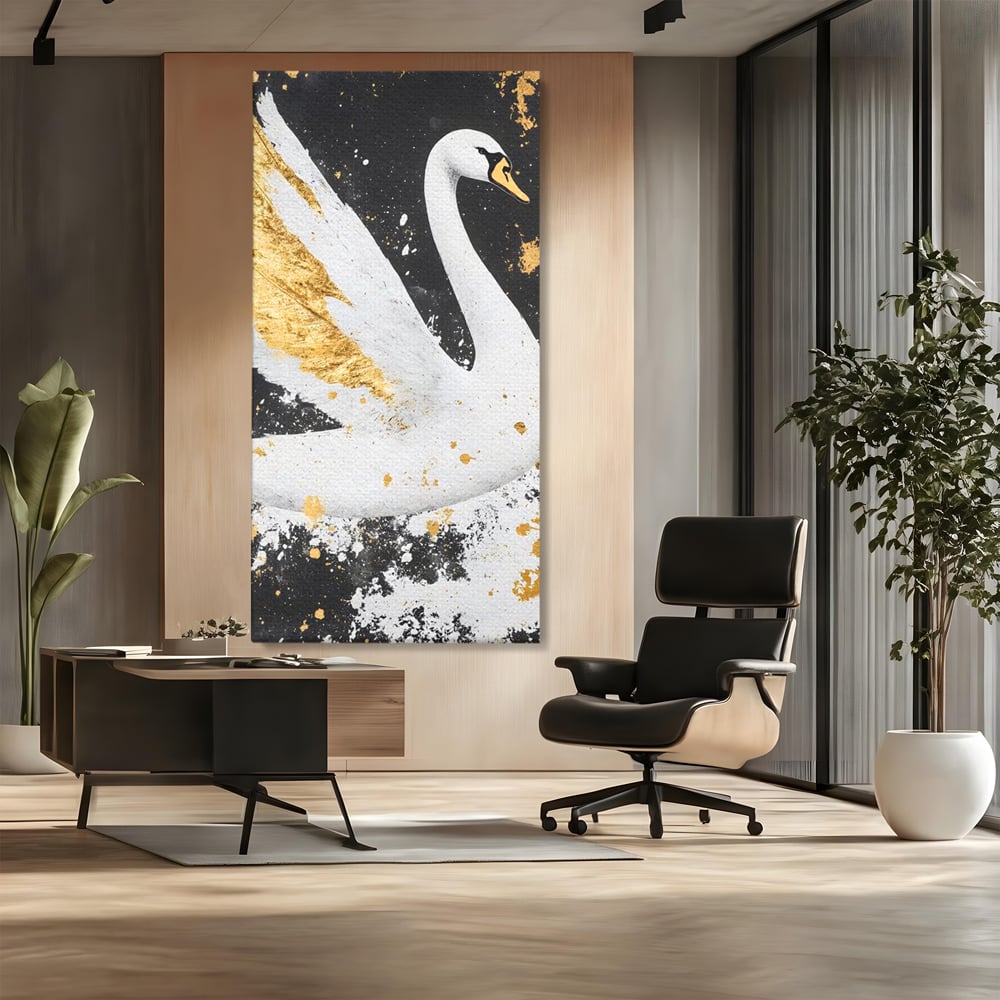 Leinwandbilder Premium, LuxCanva® M1011, Goldfarbener Schwan, Elegant, Portrait, Vogel, Vogel, Schwan, Gold, Kontrast, Flügel, Federn, Büro, Wohnen, Kinderzimmer
