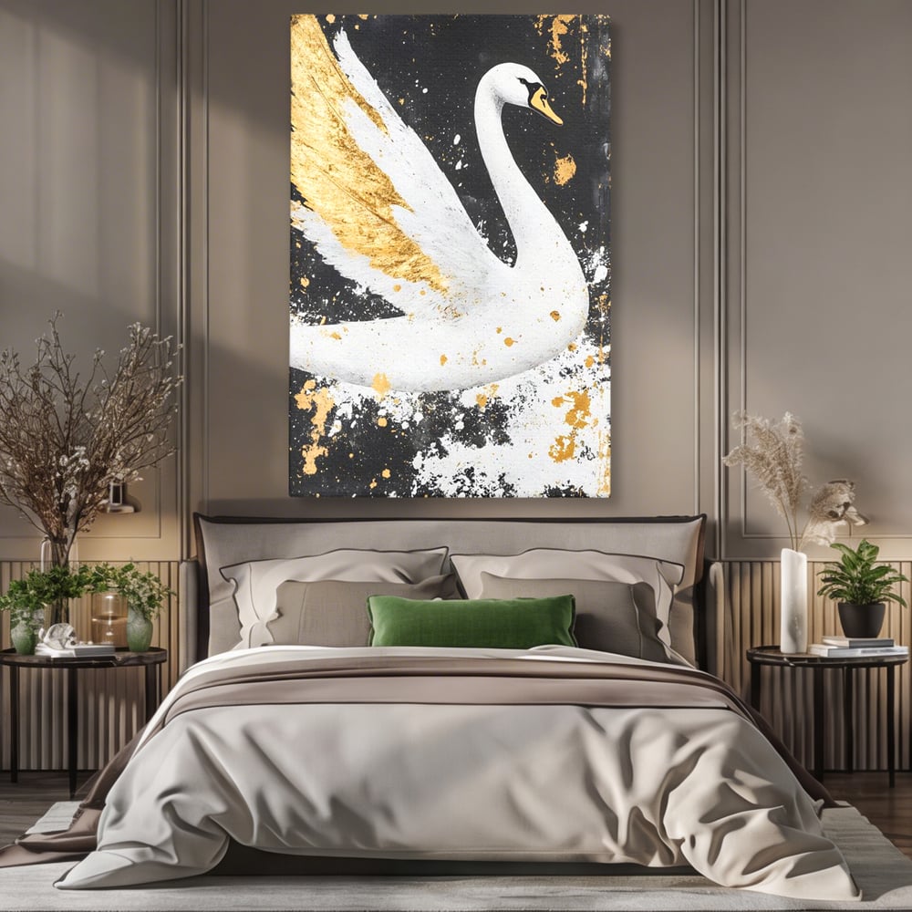 Leinwandbilder Premium, LuxCanva® M1011, Goldfarbener Schwan, Elegant, Portrait, Vogel, Vogel, Schwan, Gold, Kontrast, Flügel, Federn, Büro, Wohnen, Kinderzimmer