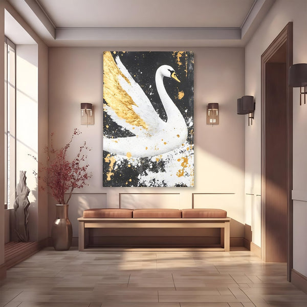 Leinwandbilder Premium, LuxCanva® M1011, Goldfarbener Schwan, Elegant, Portrait, Vogel, Vogel, Schwan, Gold, Kontrast, Flügel, Federn, Büro, Wohnen, Kinderzimmer