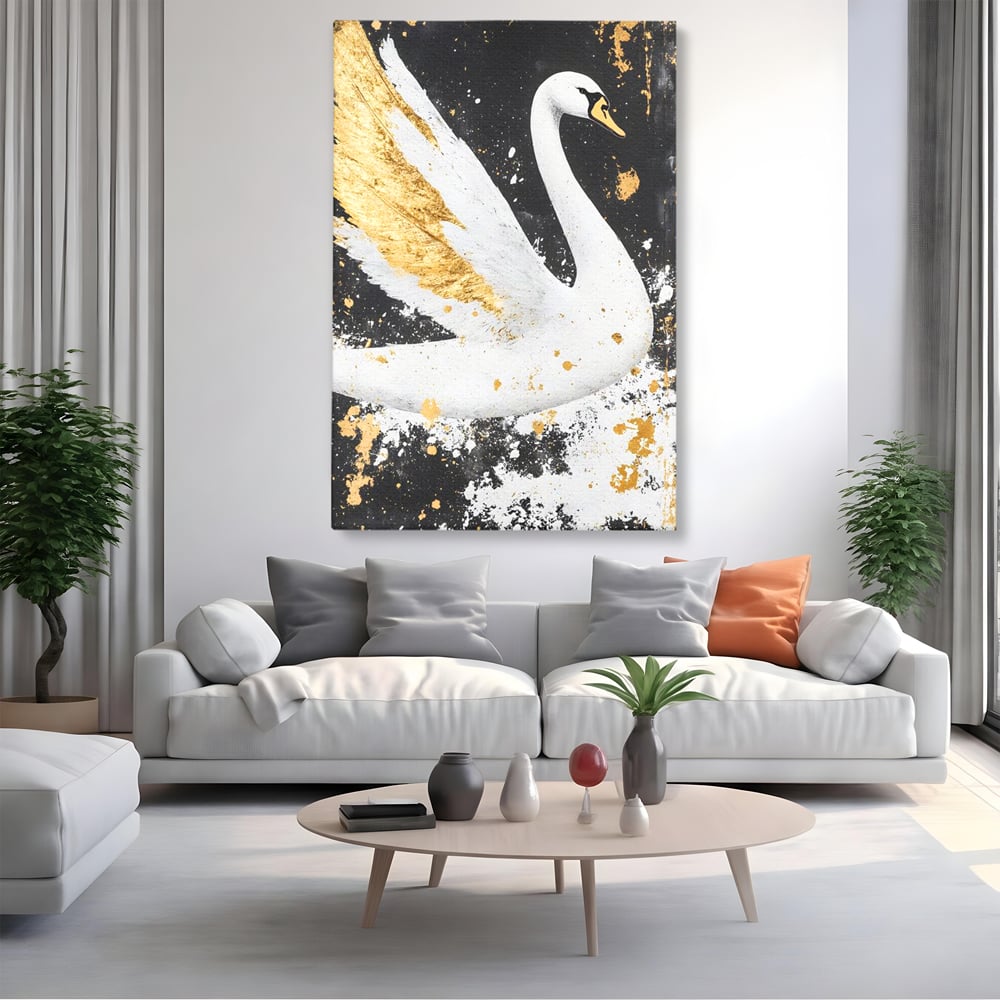 Leinwandbilder Premium, LuxCanva® M1011, Goldfarbener Schwan, Elegant, Portrait, Vogel, Vogel, Schwan, Gold, Kontrast, Flügel, Federn, Büro, Wohnen, Kinderzimmer