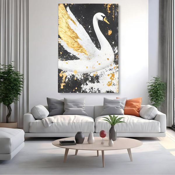 Leinwandbilder Premium, LuxCanva® M1011, Goldfarbener Schwan, Elegant, Portrait, Vogel, Vogel, Schwan, Gold, Kontrast, Flügel, Federn, Büro, Wohnen, Kinderzimmer