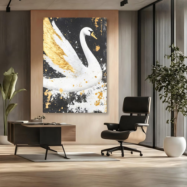 Leinwandbilder Premium, LuxCanva® M1011, Goldfarbener Schwan, Elegant, Portrait, Vogel, Vogel, Schwan, Gold, Kontrast, Flügel, Federn, Büro, Wohnen, Kinderzimmer