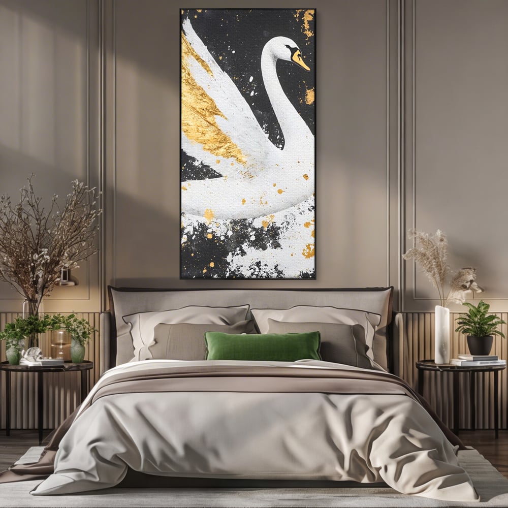 Leinwandbilder Premium, LuxCanva® M1011, Goldfarbener Schwan, Elegant, Portrait, Vogel, Vogel, Schwan, Gold, Kontrast, Flügel, Federn, Büro, Wohnen, Kinderzimmer