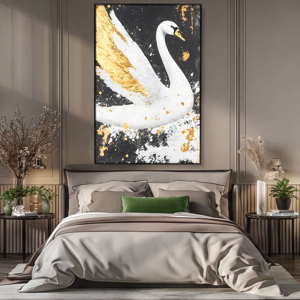 Leinwandbilder Premium, LuxCanva® M1011, Goldfarbener Schwan, Elegant, Portrait, Vogel, Vogel, Schwan, Gold, Kontrast, Flügel, Federn, Büro, Wohnen, Kinderzimmer