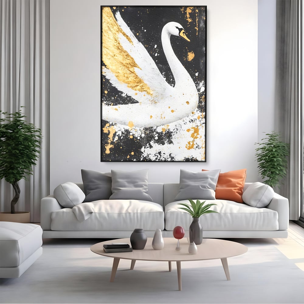 Leinwandbilder Premium, LuxCanva® M1011, Goldfarbener Schwan, Elegant, Portrait, Vogel, Vogel, Schwan, Gold, Kontrast, Flügel, Federn, Büro, Wohnen, Kinderzimmer