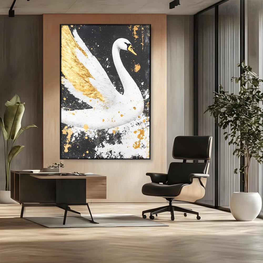 Leinwandbilder Premium, LuxCanva® M1011, Goldfarbener Schwan, Elegant, Portrait, Vogel, Vogel, Schwan, Gold, Kontrast, Flügel, Federn, Büro, Wohnen, Kinderzimmer