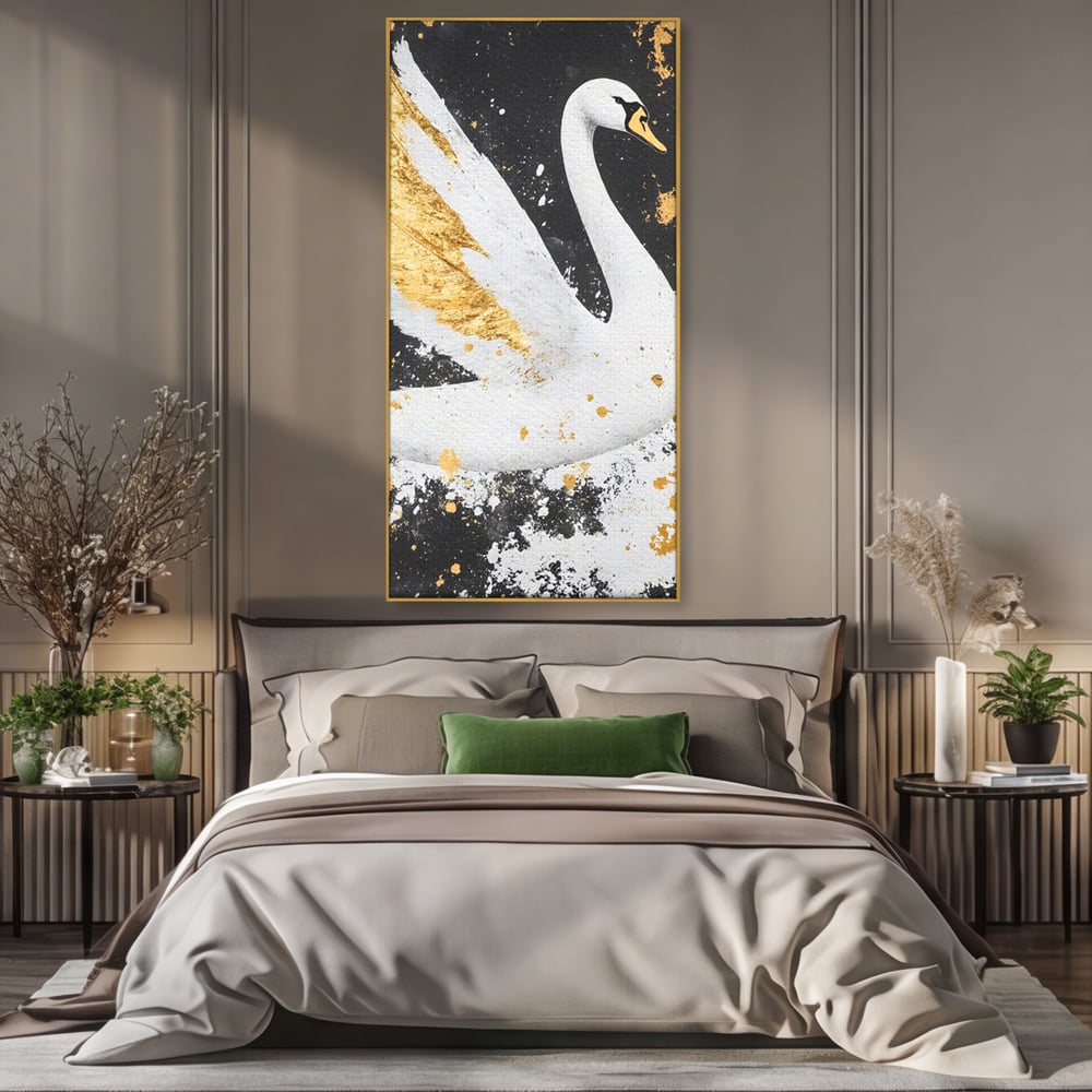 Leinwandbilder Premium, LuxCanva® M1011, Goldfarbener Schwan, Elegant, Portrait, Vogel, Vogel, Schwan, Gold, Kontrast, Flügel, Federn, Büro, Wohnen, Kinderzimmer