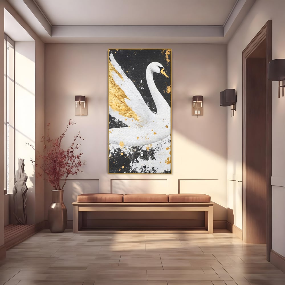 Leinwandbilder Premium, LuxCanva® M1011, Goldfarbener Schwan, Elegant, Portrait, Vogel, Vogel, Schwan, Gold, Kontrast, Flügel, Federn, Büro, Wohnen, Kinderzimmer