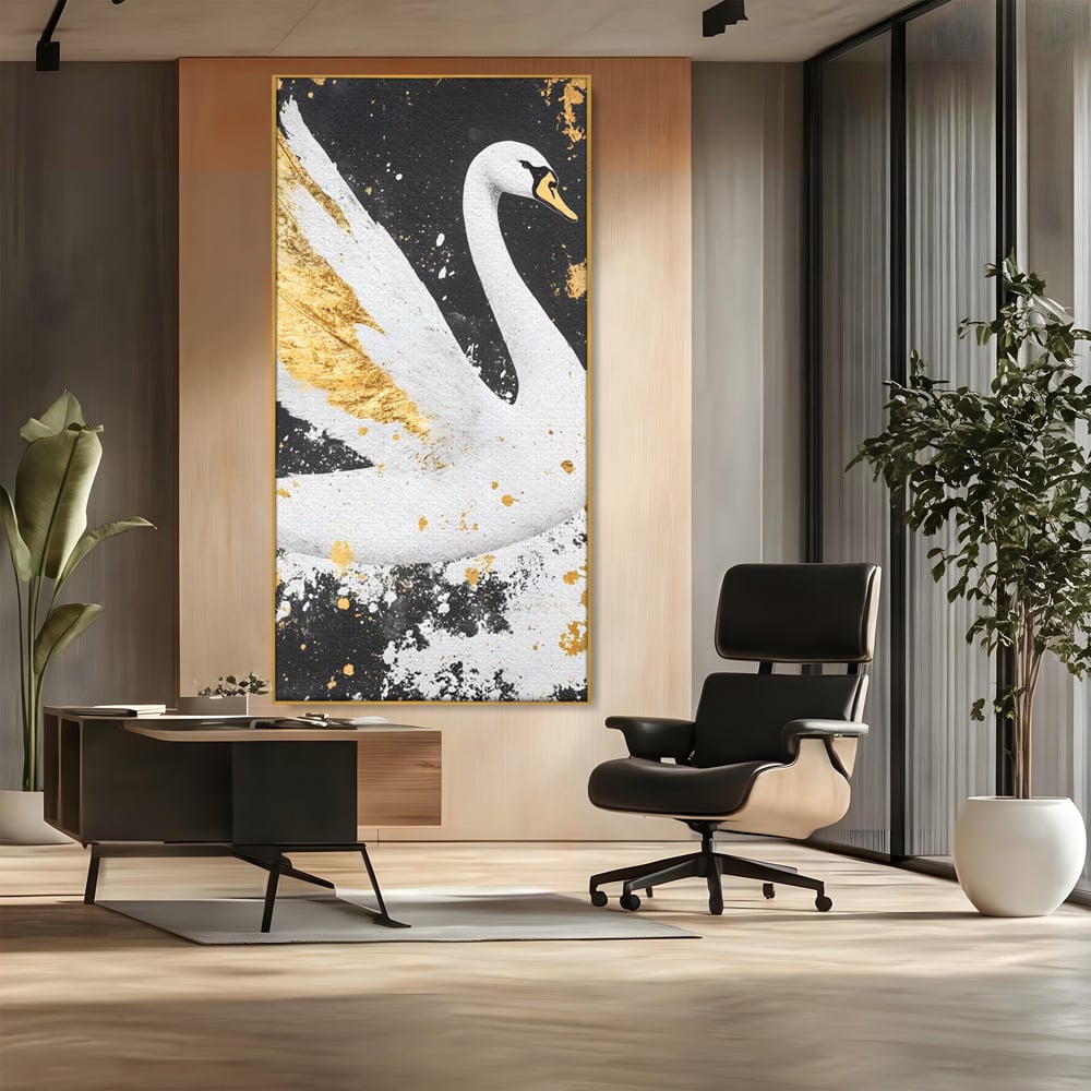 Leinwandbilder Premium, LuxCanva® M1011, Goldfarbener Schwan, Elegant, Portrait, Vogel, Vogel, Schwan, Gold, Kontrast, Flügel, Federn, Büro, Wohnen, Kinderzimmer