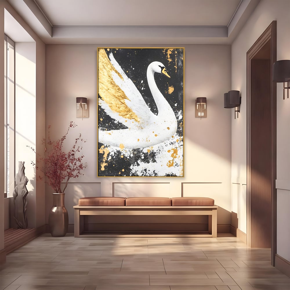 Leinwandbilder Premium, LuxCanva® M1011, Goldfarbener Schwan, Elegant, Portrait, Vogel, Vogel, Schwan, Gold, Kontrast, Flügel, Federn, Büro, Wohnen, Kinderzimmer