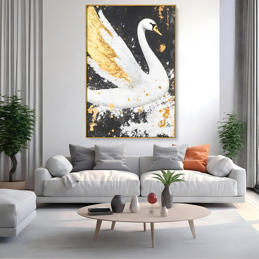 Leinwandbilder Premium, LuxCanva® M1011, Goldfarbener Schwan, Elegant, Portrait, Vogel, Vogel, Schwan, Gold, Kontrast, Flügel, Federn, Büro, Wohnen, Kinderzimmer