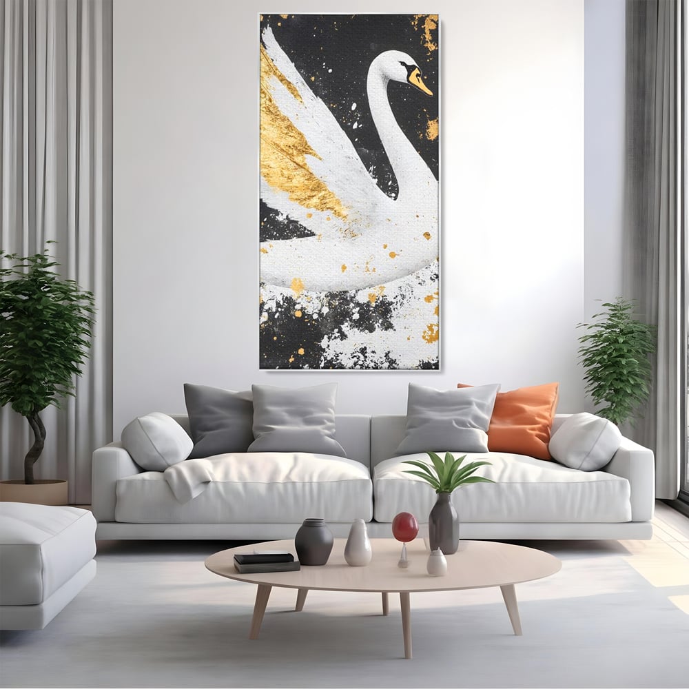 Leinwandbilder Premium, LuxCanva® M1011, Goldfarbener Schwan, Elegant, Portrait, Vogel, Vogel, Schwan, Gold, Kontrast, Flügel, Federn, Büro, Wohnen, Kinderzimmer