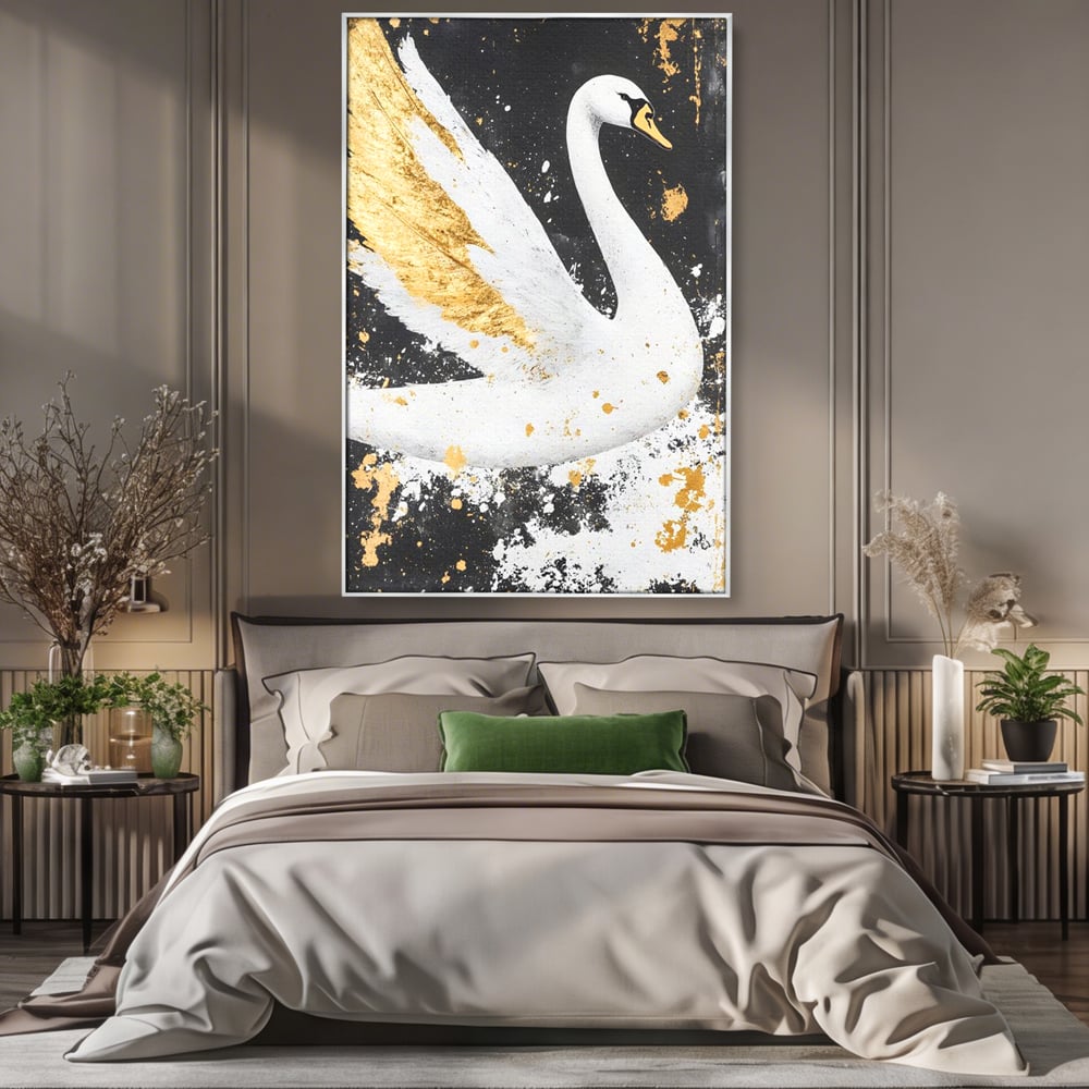 Leinwandbilder Premium, LuxCanva® M1011, Goldfarbener Schwan, Elegant, Portrait, Vogel, Vogel, Schwan, Gold, Kontrast, Flügel, Federn, Büro, Wohnen, Kinderzimmer