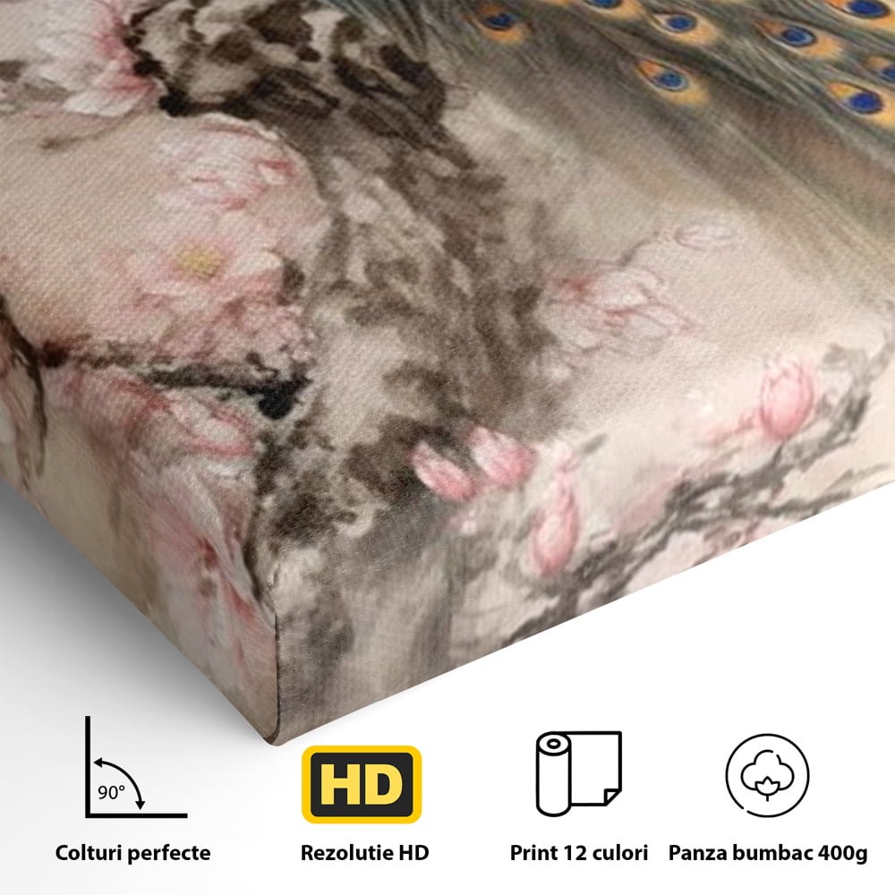 Tablou Canvas Premium, LuxCanva® M1012, Ecoul Penelor Imperiale, Gradina, Flori, Paun, Coada, Natura, Ramura, Nobil, Oriental, Pastel, Birou, Living, Camera Copii