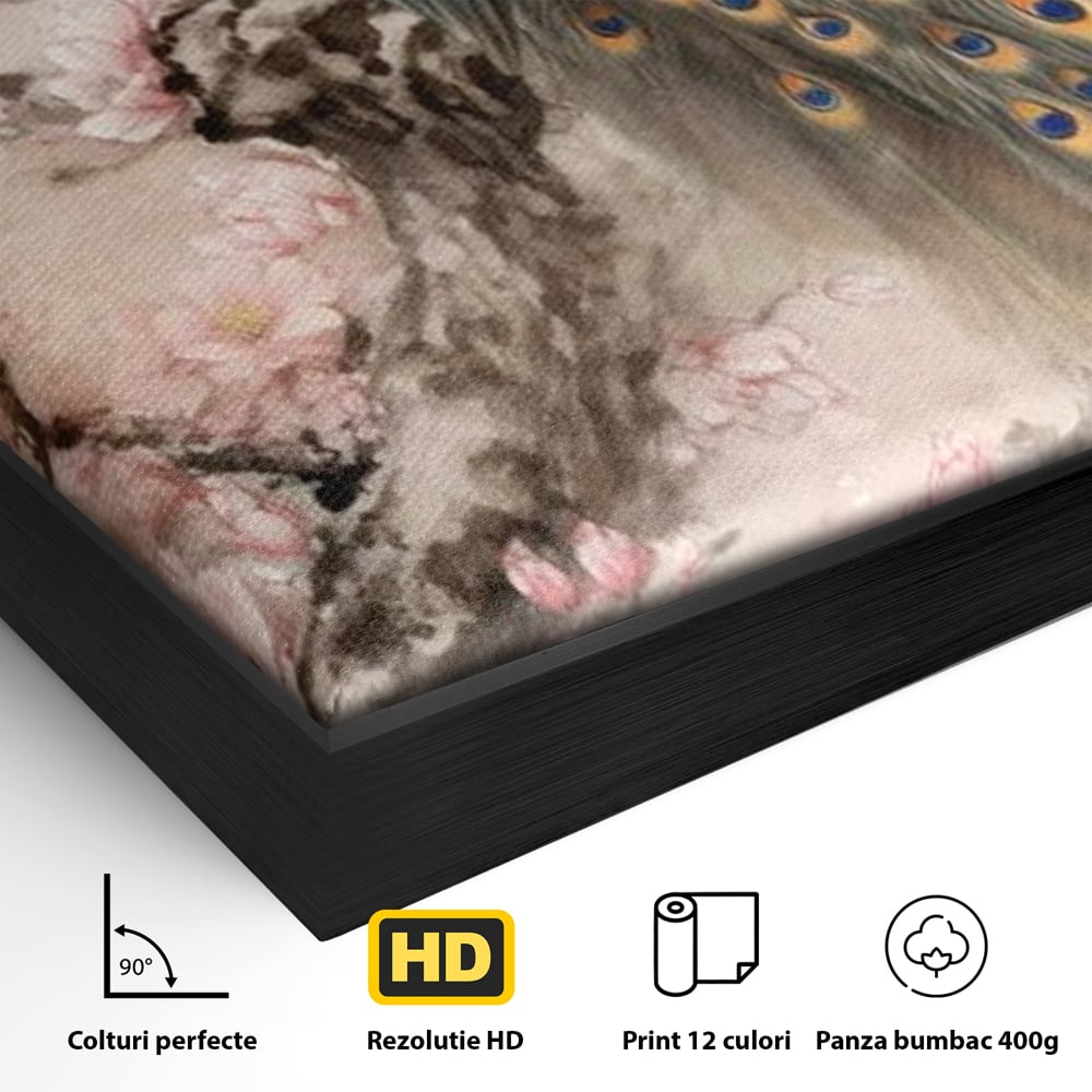 Tablou Canvas Premium, LuxCanva® M1012, Ecoul Penelor Imperiale, Gradina, Flori, Paun, Coada, Natura, Ramura, Nobil, Oriental, Pastel, Birou, Living, Camera Copii