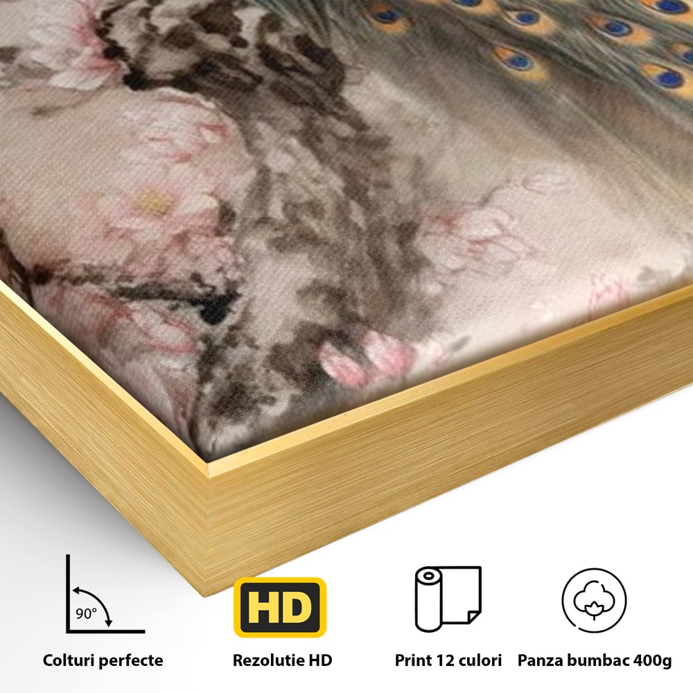 Tablou Canvas Premium, LuxCanva® M1012, Ecoul Penelor Imperiale, Gradina, Flori, Paun, Coada, Natura, Ramura, Nobil, Oriental, Pastel, Birou, Living, Camera Copii