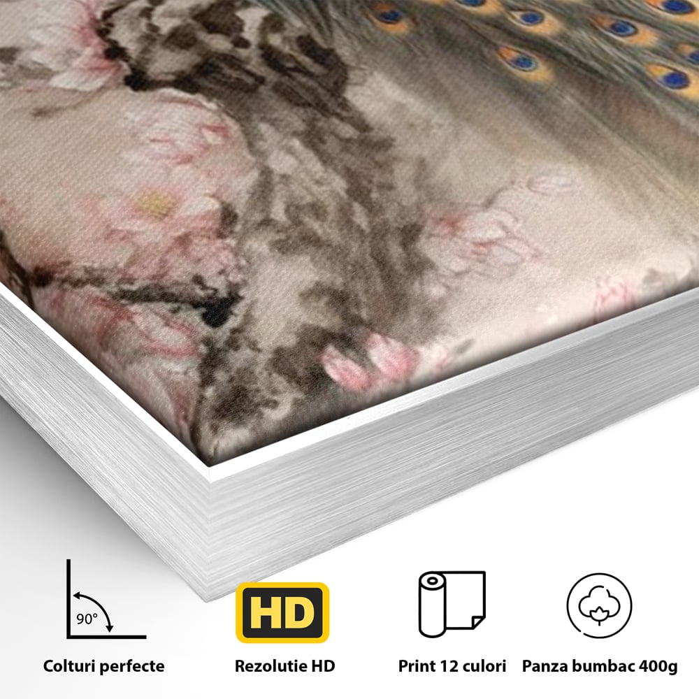 Tablou Canvas Premium, LuxCanva® M1012, Ecoul Penelor Imperiale, Gradina, Flori, Paun, Coada, Natura, Ramura, Nobil, Oriental, Pastel, Birou, Living, Camera Copii