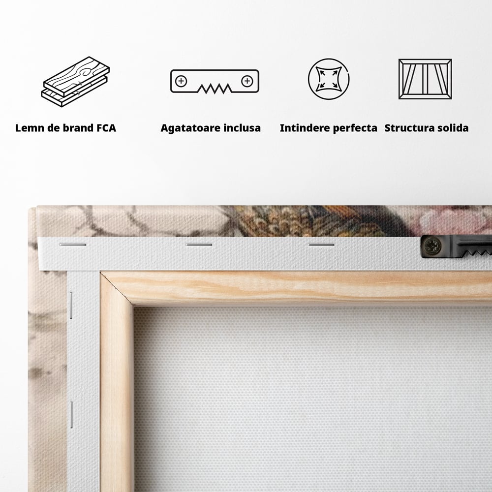Tablou Canvas Premium, LuxCanva® M1012, Ecoul Penelor Imperiale, Gradina, Flori, Paun, Coada, Natura, Ramura, Nobil, Oriental, Pastel, Birou, Living, Camera Copii