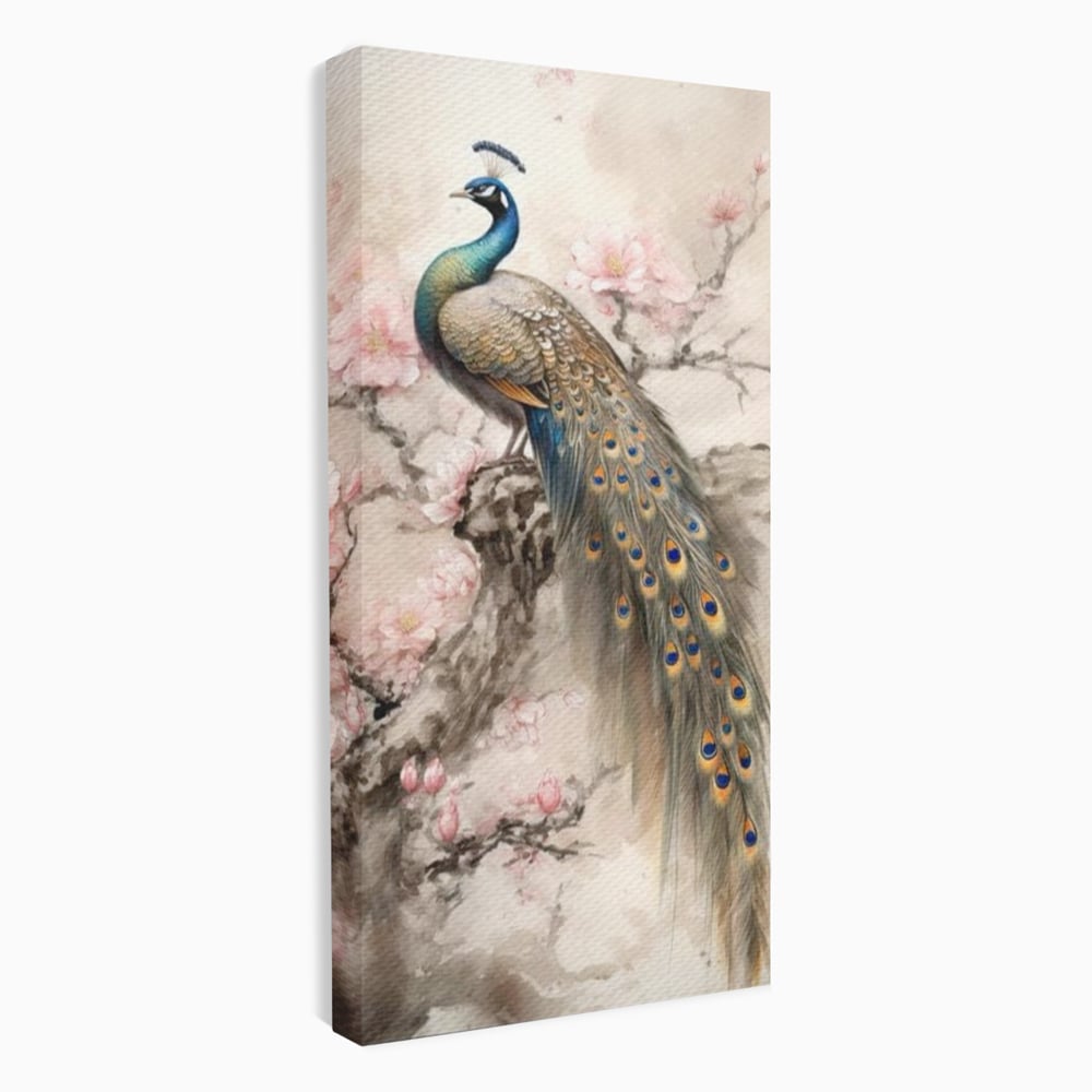 Tablou Canvas Premium, LuxCanva® M1012, Ecoul Penelor Imperiale, Gradina, Flori, Paun, Coada, Natura, Ramura, Nobil, Oriental, Pastel, Birou, Living, Camera Copii