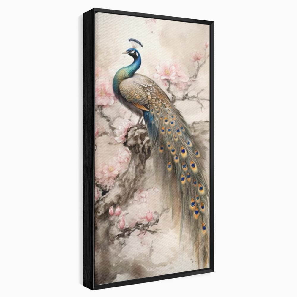 Tablou Canvas Premium, LuxCanva® M1012, Ecoul Penelor Imperiale, Gradina, Flori, Paun, Coada, Natura, Ramura, Nobil, Oriental, Pastel, Birou, Living, Camera Copii