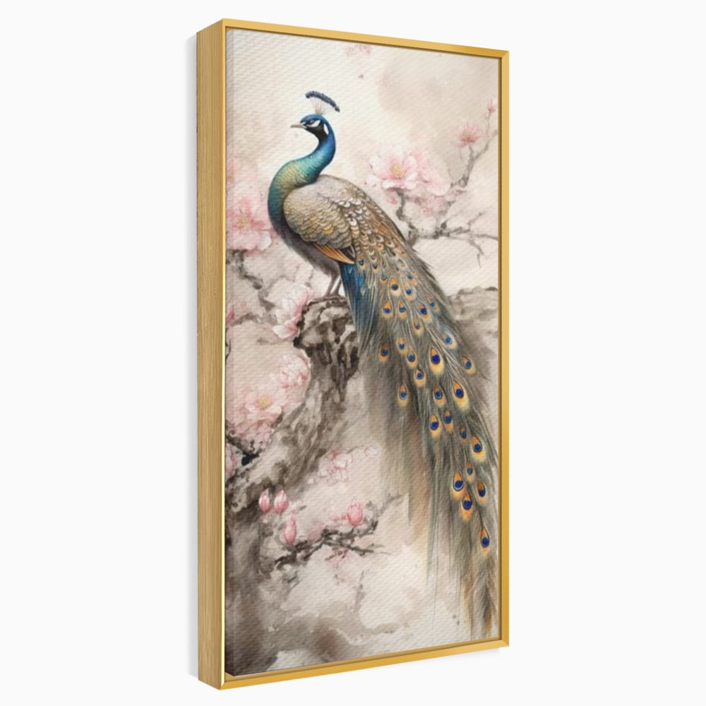 Tablou Canvas Premium, LuxCanva® M1012, Ecoul Penelor Imperiale, Gradina, Flori, Paun, Coada, Natura, Ramura, Nobil, Oriental, Pastel, Birou, Living, Camera Copii