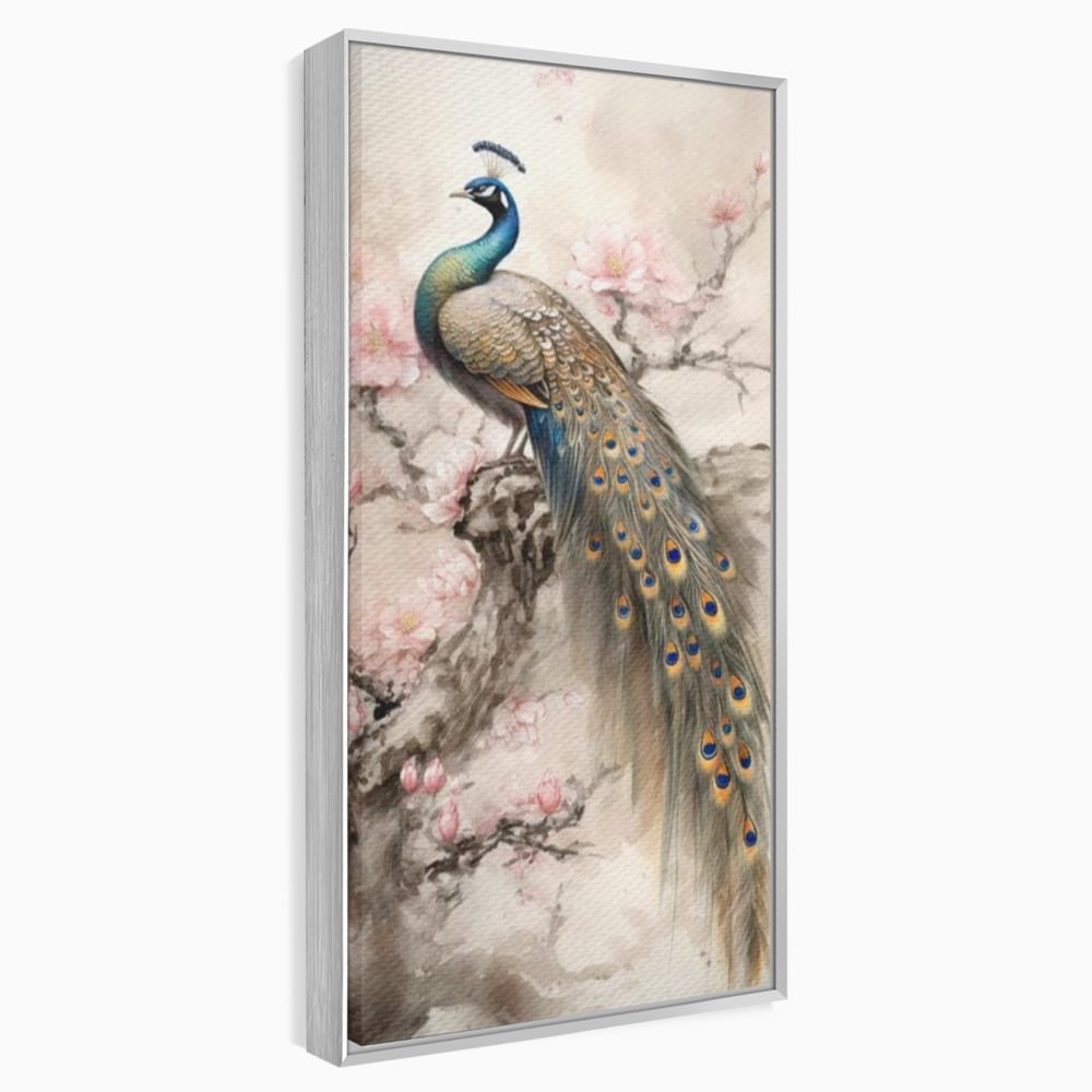 Tablou Canvas Premium, LuxCanva® M1012, Ecoul Penelor Imperiale, Gradina, Flori, Paun, Coada, Natura, Ramura, Nobil, Oriental, Pastel, Birou, Living, Camera Copii