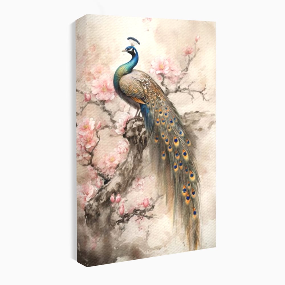 Tablou Canvas Premium, LuxCanva® M1012, Ecoul Penelor Imperiale, Gradina, Flori, Paun, Coada, Natura, Ramura, Nobil, Oriental, Pastel, Birou, Living, Camera Copii