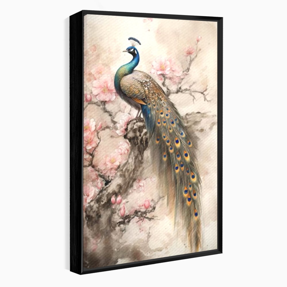 Tablou Canvas Premium, LuxCanva® M1012, Ecoul Penelor Imperiale, Gradina, Flori, Paun, Coada, Natura, Ramura, Nobil, Oriental, Pastel, Birou, Living, Camera Copii