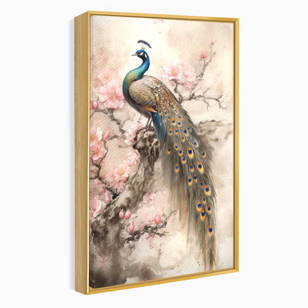 Tablou Canvas Premium, LuxCanva® M1012, Ecoul Penelor Imperiale, Gradina, Flori, Paun, Coada, Natura, Ramura, Nobil, Oriental, Pastel, Birou, Living, Camera Copii