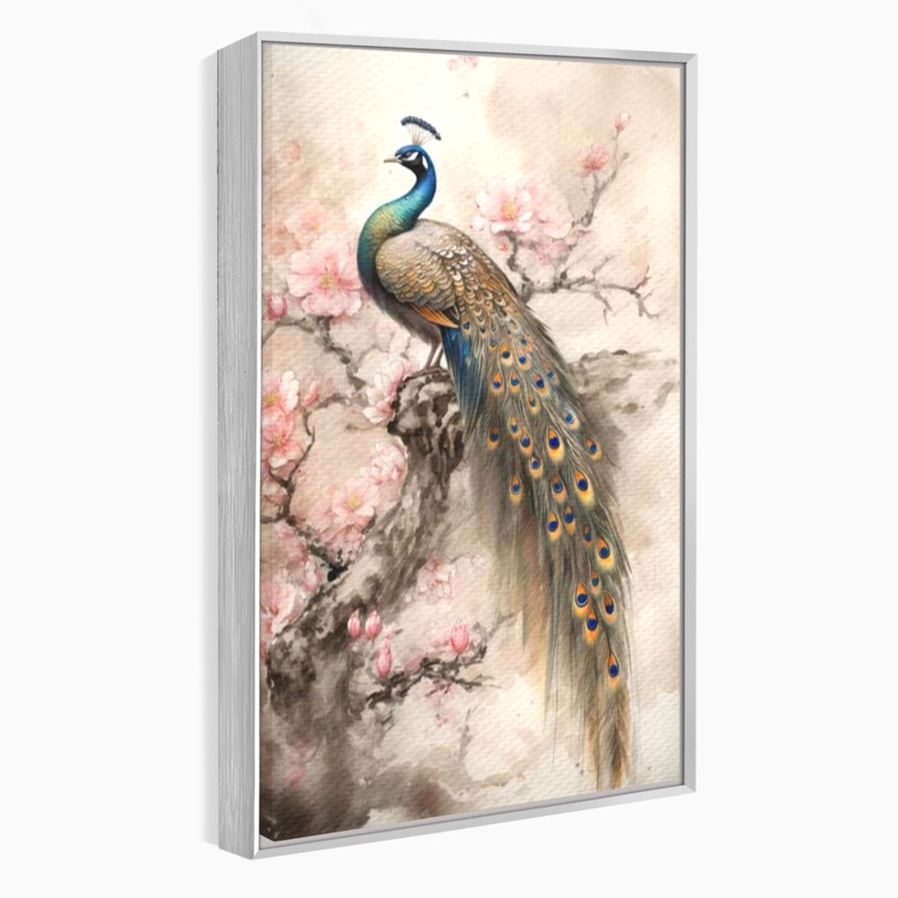 Tablou Canvas Premium, LuxCanva® M1012, Ecoul Penelor Imperiale, Gradina, Flori, Paun, Coada, Natura, Ramura, Nobil, Oriental, Pastel, Birou, Living, Camera Copii