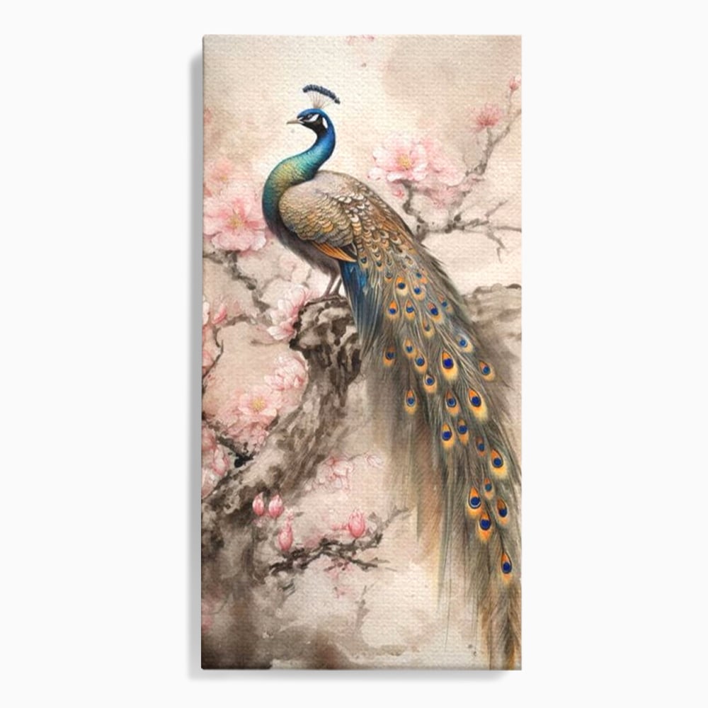 Tablou Canvas Premium, LuxCanva® M1012, Ecoul Penelor Imperiale, Gradina, Flori, Paun, Coada, Natura, Ramura, Nobil, Oriental, Pastel, Birou, Living, Camera Copii