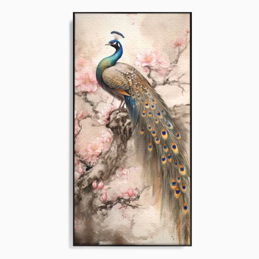 Tablou Canvas Premium, LuxCanva® M1012, Ecoul Penelor Imperiale, Gradina, Flori, Paun, Coada, Natura, Ramura, Nobil, Oriental, Pastel, Birou, Living, Camera Copii