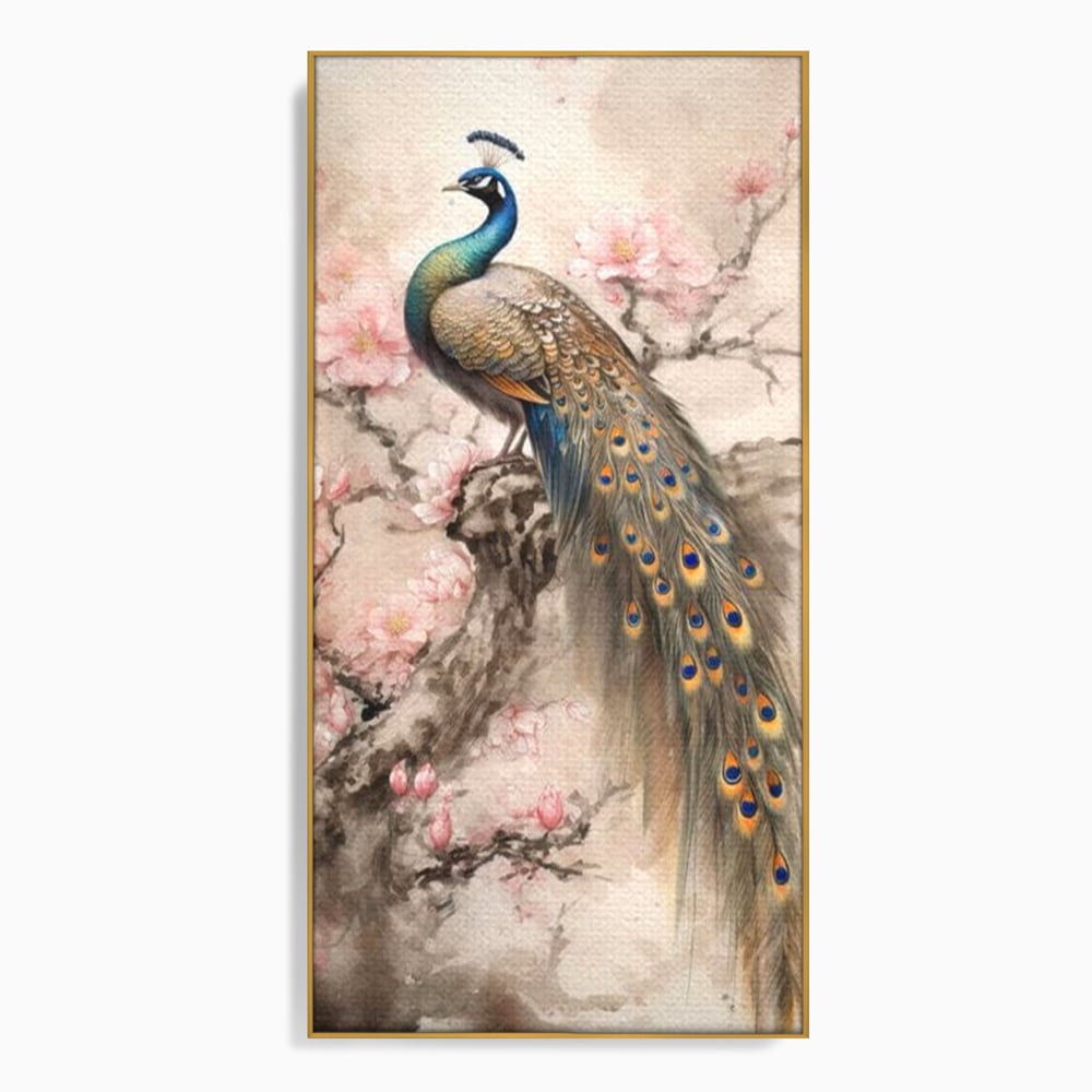 Tablou Canvas Premium, LuxCanva® M1012, Ecoul Penelor Imperiale, Gradina, Flori, Paun, Coada, Natura, Ramura, Nobil, Oriental, Pastel, Birou, Living, Camera Copii