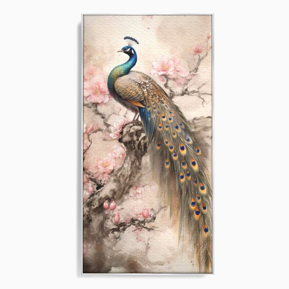 Tablou Canvas Premium, LuxCanva® M1012, Ecoul Penelor Imperiale, Gradina, Flori, Paun, Coada, Natura, Ramura, Nobil, Oriental, Pastel, Birou, Living, Camera Copii
