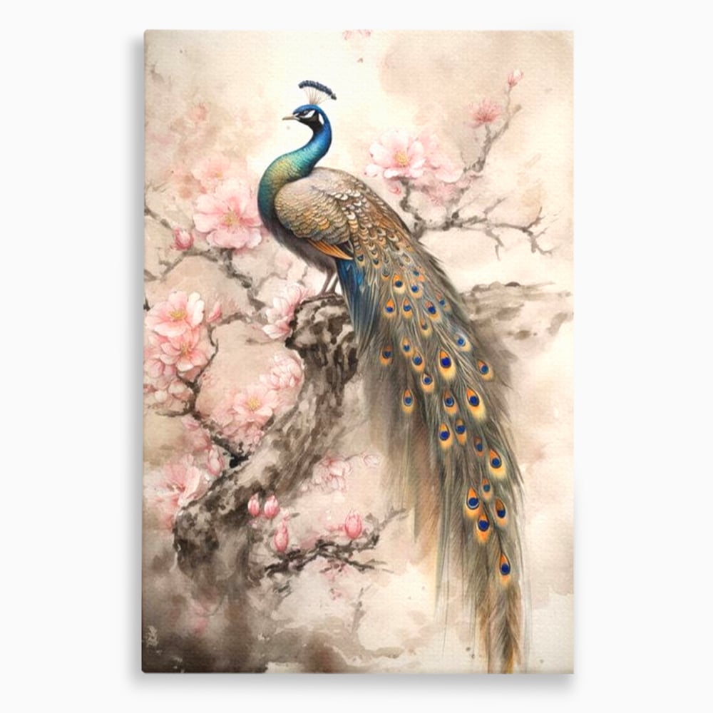 Tablou Canvas Premium, LuxCanva® M1012, Ecoul Penelor Imperiale, Gradina, Flori, Paun, Coada, Natura, Ramura, Nobil, Oriental, Pastel, Birou, Living, Camera Copii