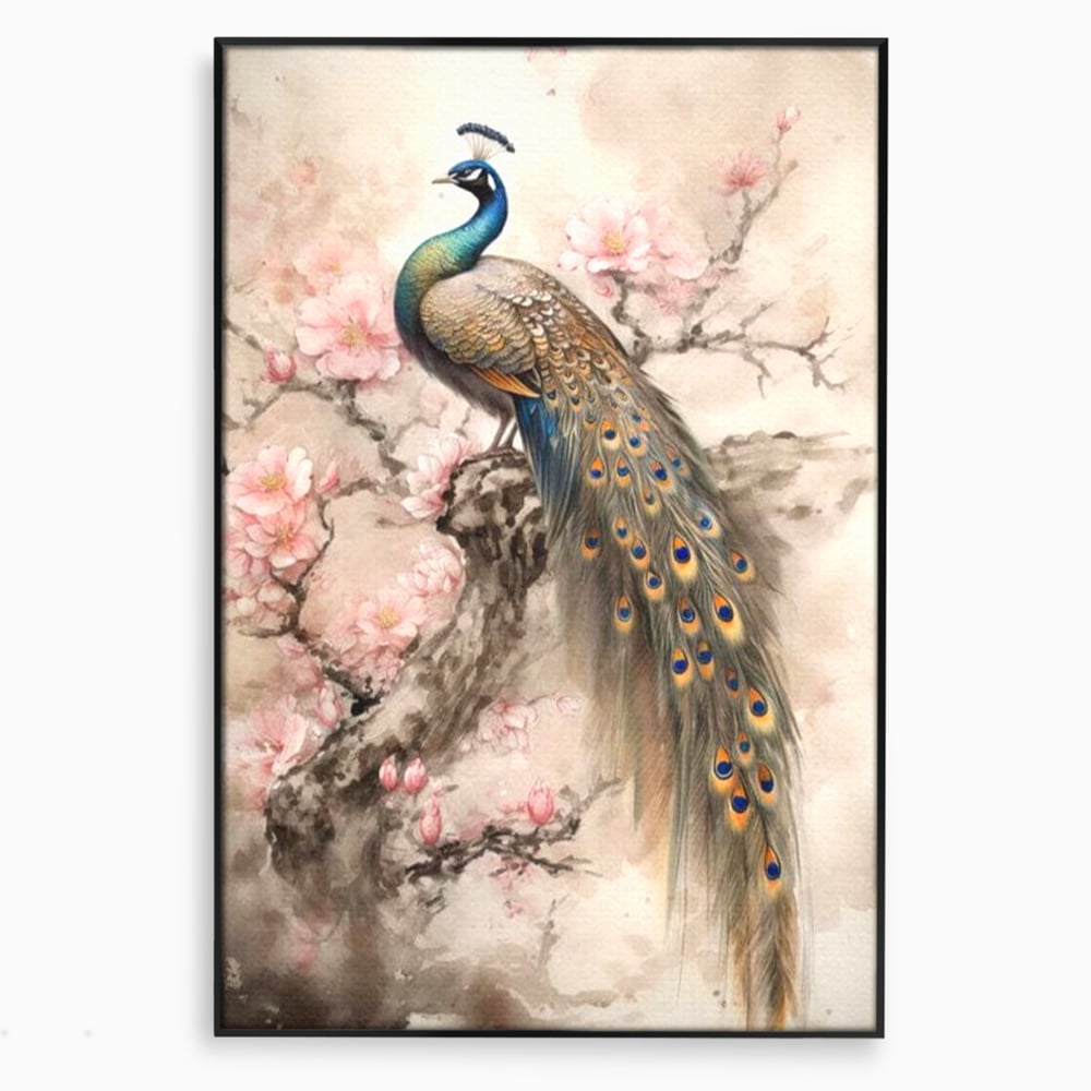 Tablou Canvas Premium, LuxCanva® M1012, Ecoul Penelor Imperiale, Gradina, Flori, Paun, Coada, Natura, Ramura, Nobil, Oriental, Pastel, Birou, Living, Camera Copii