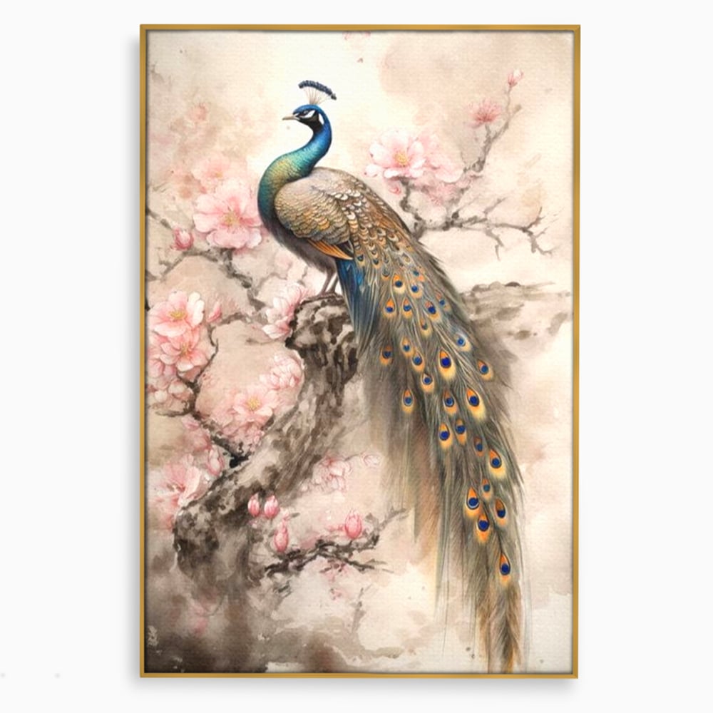 Tablou Canvas Premium, LuxCanva® M1012, Ecoul Penelor Imperiale, Gradina, Flori, Paun, Coada, Natura, Ramura, Nobil, Oriental, Pastel, Birou, Living, Camera Copii