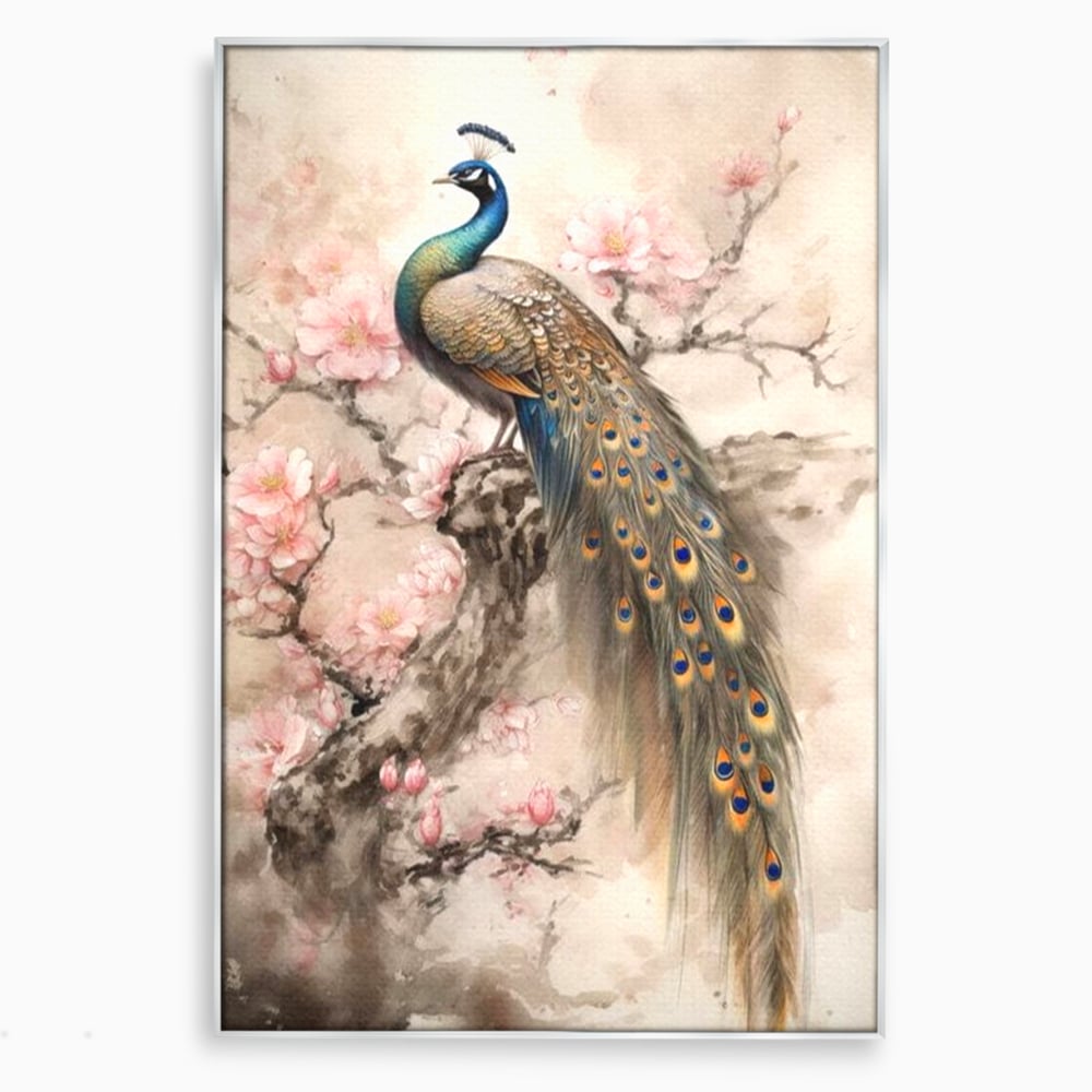 Tablou Canvas Premium, LuxCanva® M1012, Ecoul Penelor Imperiale, Gradina, Flori, Paun, Coada, Natura, Ramura, Nobil, Oriental, Pastel, Birou, Living, Camera Copii