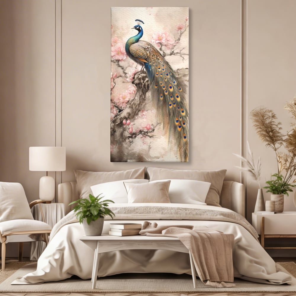 Tablou Canvas Premium, LuxCanva® M1012, Ecoul Penelor Imperiale, Gradina, Flori, Paun, Coada, Natura, Ramura, Nobil, Oriental, Pastel, Birou, Living, Camera Copii