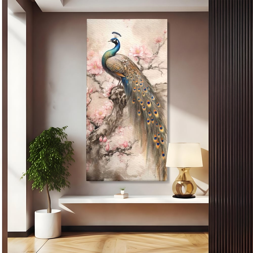 Tablou Canvas Premium, LuxCanva® M1012, Ecoul Penelor Imperiale, Gradina, Flori, Paun, Coada, Natura, Ramura, Nobil, Oriental, Pastel, Birou, Living, Camera Copii