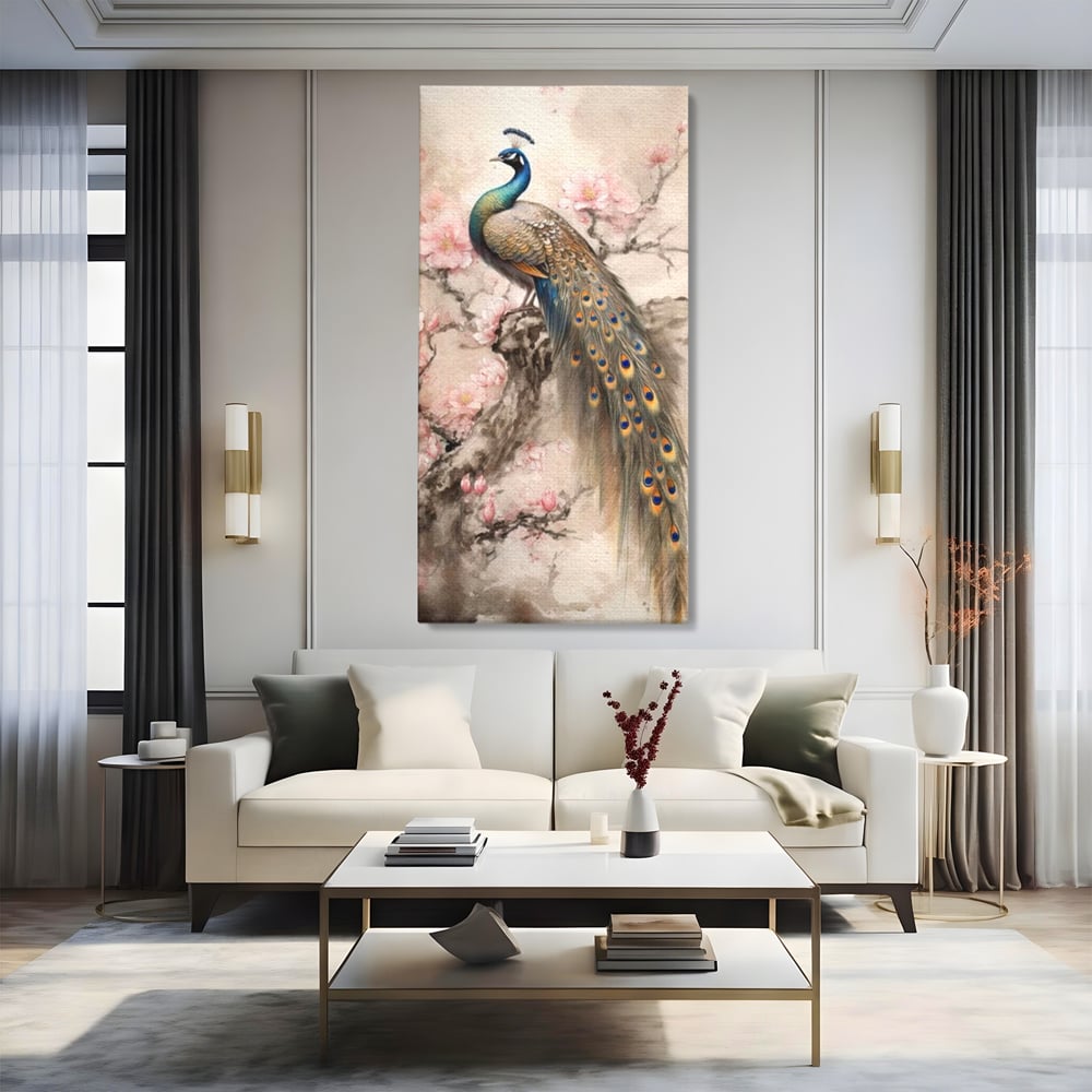 Tablou Canvas Premium, LuxCanva® M1012, Ecoul Penelor Imperiale, Gradina, Flori, Paun, Coada, Natura, Ramura, Nobil, Oriental, Pastel, Birou, Living, Camera Copii